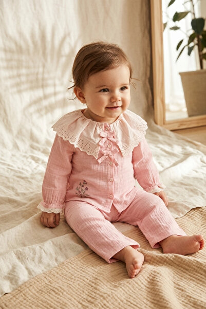 ciciben Baby Girl Salmon Muslin 2-Piece Set - Lace Detailed Wide Collar Embro...