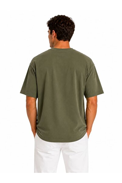 Vasto Moda Erkek Tam Oversize Kalıp Kalın Dokulu %100 Organik Pamuk Bisiklet Ribana Yakalı Haki T-Shirt