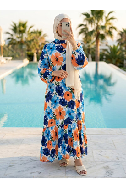 Kirazca Butik Women's Viscose Patterned Flounce Hijab Dress