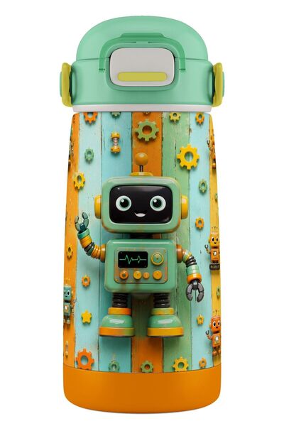 Puccon 420 ml Erkek Çocuk Yeşil Robot Baskılı Okul Matarası/Termosu - 60016 -...