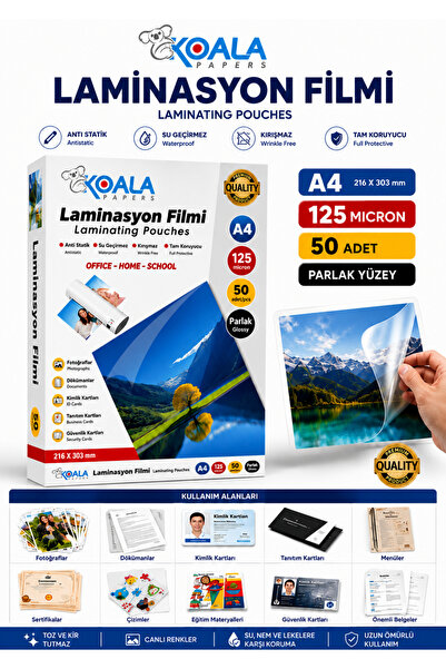 Koala A4 125 Mikron 50 Adet Laminasyon Filmi Öğretmen Çalışma Kağıdı Koruma