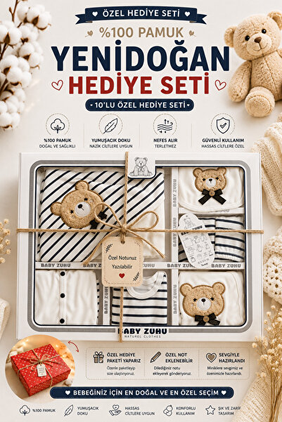 BABY ZUHU %100 Organik Pamuklu 10 Parça Yenidoğan Hastane Çıkışı Hediye Seti ...