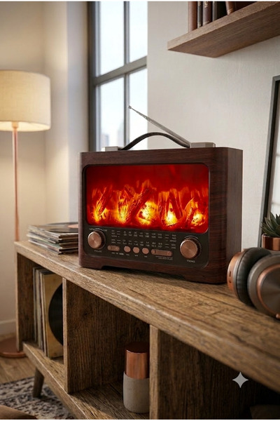 HMO Store Şömine Efektli Nostaljik Bluetooth Radyo - Şarjlı FM/AM/SW Radyo (F...