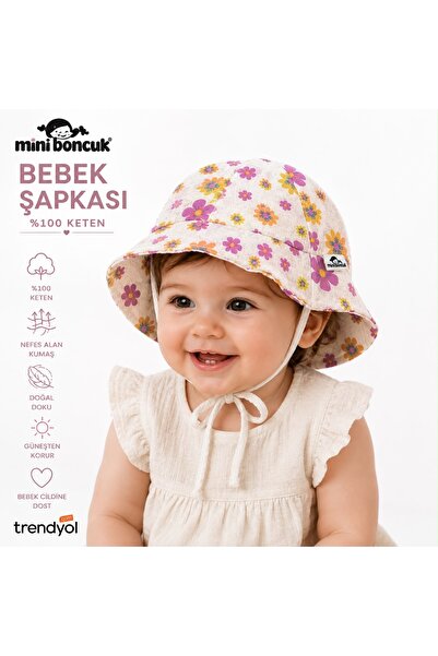 miniboncuk 100% Linen Purple Floral Patterned Baby Girl Hat – Tie-Up Summer S...