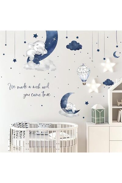 ASKIND Dream Blue Grey Sleeping Baby Elephant Wall Sticker, Moon Star Cloud W...