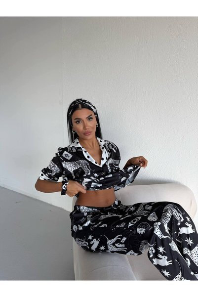 Pijamaya Premium Satin Fabric Buttoned Short Sleeve Long Pajama Set - with Bandage and Buckle Gift - Black with Animal Figure