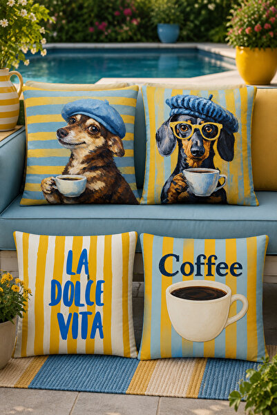 EVPANYA Set de 4 huse de pernă cu model Kahveci Köpekler