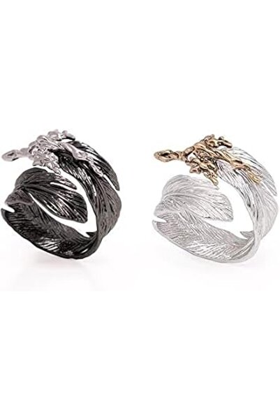GENERAL Couple Rings, 2PCS Black and Silver Angel Wing Feather Stainless Steel
