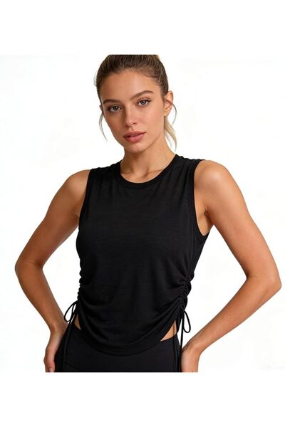 Women's Sleeveless Drawstring Tank Top, Lightweight Sheer Knit Yoga Top, Loos...