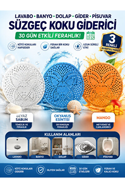 Lunihome Mango Beyaz Sabun ve Okyanus Kokulu 3 Adet Lavabo Banyo Dolap Gider Pisuvar Süzgeci Çekmece Koku Giderici