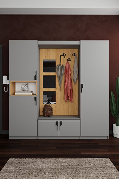 asratrend Lüks Aynalı Portmanto Askılı Vestiyer %100 MDF Çok Raflı Ayakkabılı...