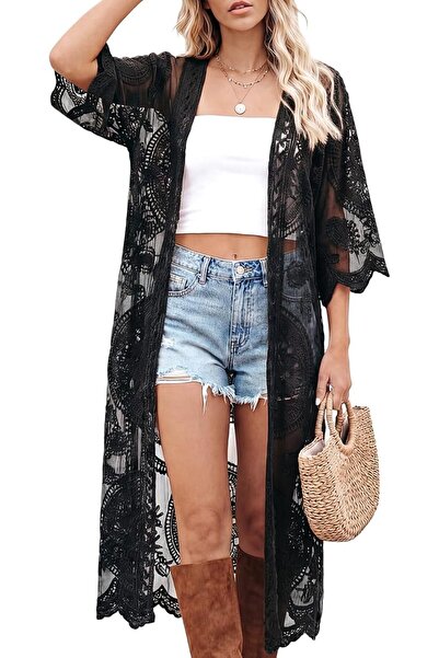 SYOSI Women’s Lace Kimono Cover Up, Sheer Crochet Beach Cardigan with Floral ...