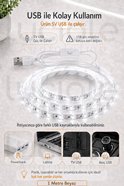 luciole 5V USB Şerit LED 1 Metre Beyaz Işık Anahtarlı Powerbank Uyumlu Tezgah Altı Dekoratif Led