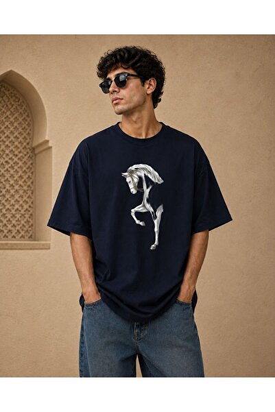 ZAVIXO Unisex Oversize Navy Blue T-Shirt with Horse Print and Graphic Pattern...