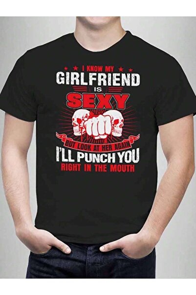 25W Men's I Know My Girlfriend Is Pattern-Shirt| Black, Red, And White Text, ...
