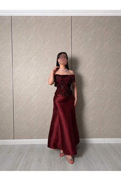 Jood Burgundy Mikado Evening Gown with Luxurious Embroidery