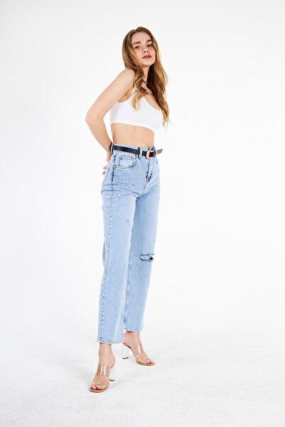 cracpot Kadın Mavi Yüksek Bel Comfort Kumaş Relaxed Jeans Pantolon