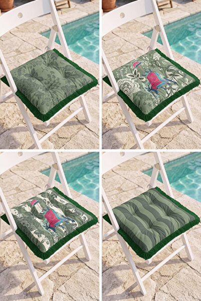 Realhomes Green 4-Piece Fringed Puffy Chair Cushion Set with Crane Bird Figur...