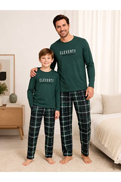Fil Kids Father-Son Boys Green Plaid Patterned Winter Crew Neck Pajama Set Co...