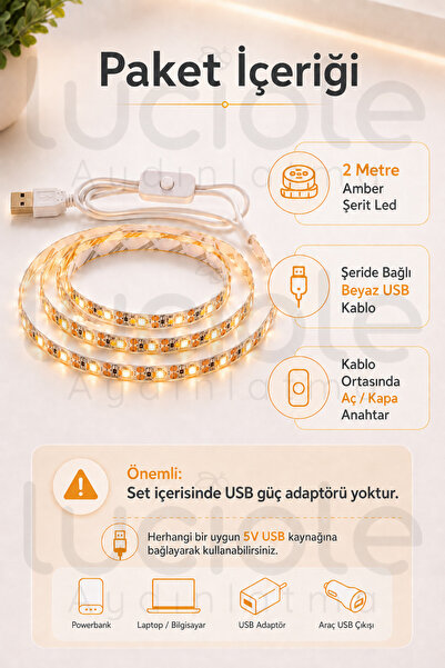 luciole 2 Metre Amber USB Şerit LED 5V Aç Kapa Düğmeli TV Arkası Mutfak Masa Powerbank Dekoratif Led