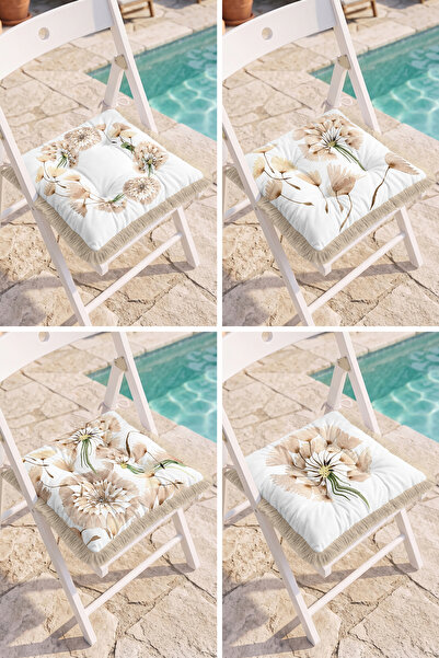 Realhomes Beige Floral and Leaf Patterned Modern 4-Piece Fringed Pouf Chair C...