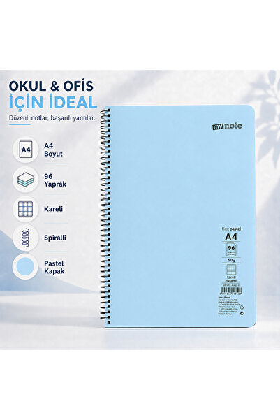 Mynote Flex Pastel A4 96 Yaprak 60 gr Spiralli Kareli Defter