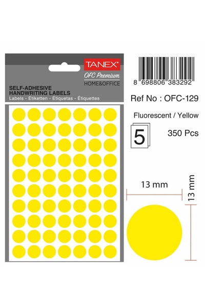 Tanex Round Self-Adhesive Labels, D13 Mm, 350 Pcs/Set, Tanex, Yellow