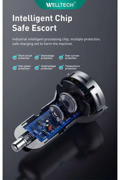 WELLTECHINTERNATIONAL WELLTECH CC-W018 Super Fast Car Charger USB-C PD Dual Port Fast Charging Adapter for iPhone Samsung Android Smartphones, Compact Car Power Charger for Travel and Daily Use