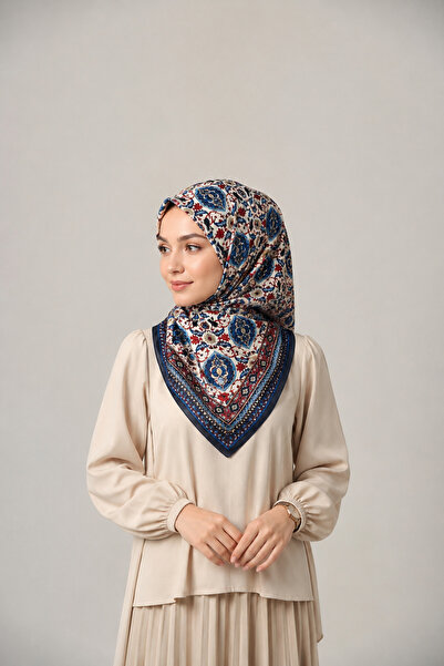 Fevora Patterned Square Scarf – Ethnic Motifs Navy Blue Burgundy Premium