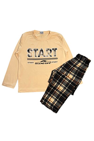 Fil Kids Father-Son Boy's Beige Plaid Patterned Winter Crew Neck Pajama Set Cotton Flexible Milan Fabric