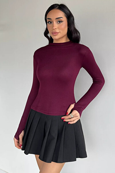 Aryena Plum Women's High Neck Finger-Loop Lycra Body Blouse