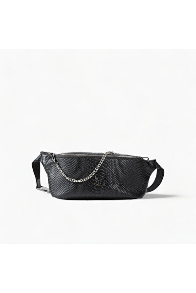 elusso Unisex μαύρη δερμάτινη τσάντα μέσης και χιαστί με αλυσίδα 15×40 εκ.
