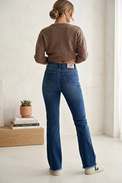 Aryena Navy Blue Women's Jean Denim Trousers with Tassel Detail on the Legs