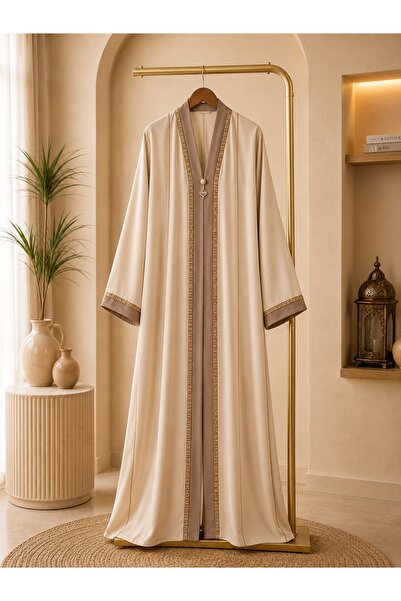 Generic Luxury Cream Abaya for Women with Gold Trim and Taupe Details, Long E...