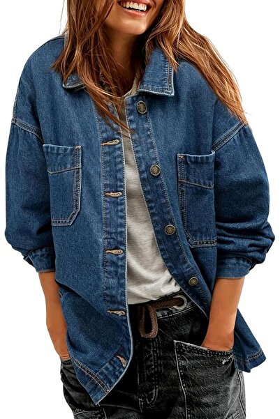 Generic Women's Jean Jacket Oversized Boyfriend Button Up Shirt Shacket | Den...