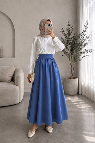 BILDEŞA Saks Blue Double Skirt with Elastic Waist and Pockets