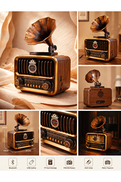Toptancı Amca Retro Gramofonlu Bluetooth Radyo USB TF Kart FM AM AUX Girişli ...