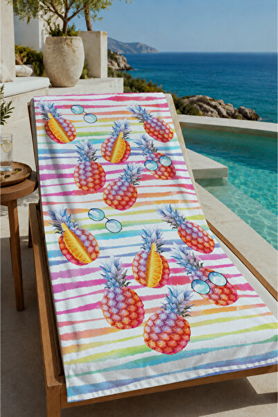Evmila Šareni prugasti ananas i tropska ptica na peškiru za plažu 70x150 - di...