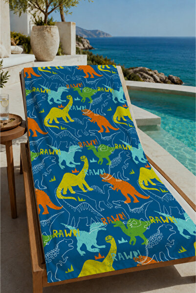 Evmila Plava pozadina, šareni dinosaurus, peškir za plažu 70x150 - digitalno ...