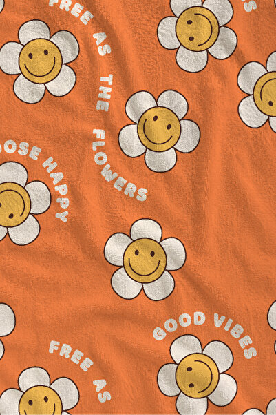 Evmila Orange Background Smiling Flower Patterned 70X150 Beach Towel - Digita...
