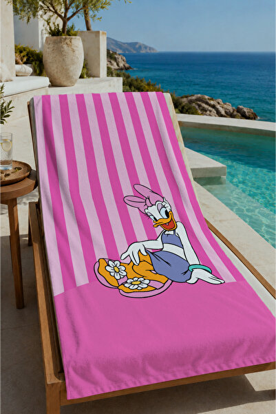 Evmila Pink and White Striped Cute Duck Patterned 70X150 Beach Towel - Digita...