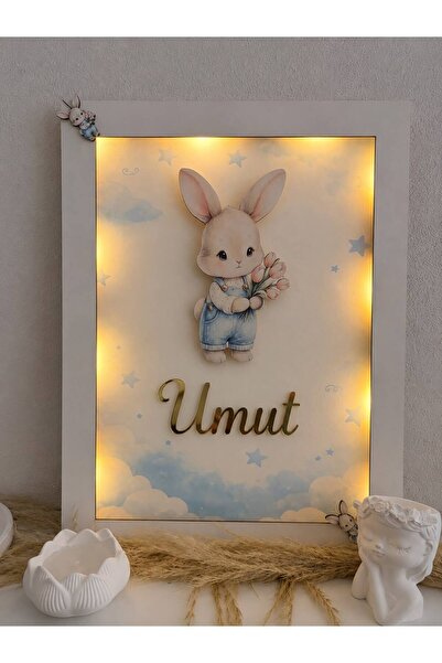 Genel Markalar Tavşan Figürlü Bebek Odası LED'li Duvar Pano Gece Lambası Tablo