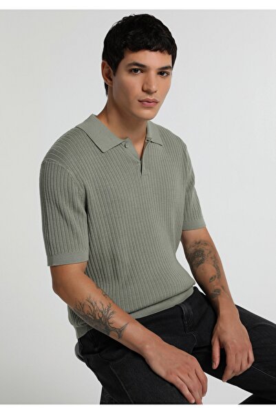 Colin's Regular Fit Polo Collar Jacquard Men's Green Short Sleeve Sweater