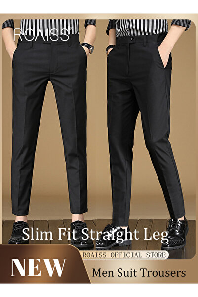 ROAISS Men Straight Leg Slim Fit Trousers Elastic Slimming Effect Pilling Fre...