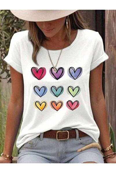 23ERVA Women's Cute Heart & Graffiti Pattern Round Neck Short Sleeve T-Shirt