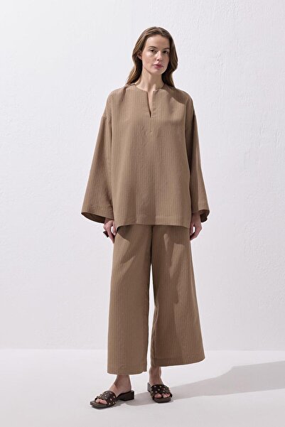 KADRİYE BAŞTÜRK Striped Modal Blouse Trousers Set Camel