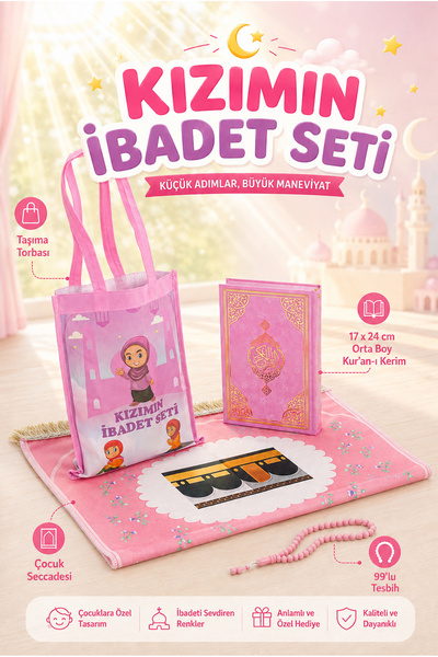 ihvan online Çantalı Kız Çocuk İbadet Seti Pembe Kabe Motifli İsimli Seccade ...