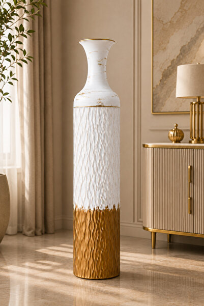 MİS KİTCHEN 84 cm Large Decorative Floor Vase – White Gold Modern Living Room...