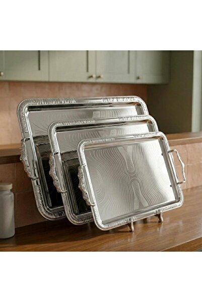 laverahome Modern Patterned Steel Tray Set - 3 Pieces - Gold |