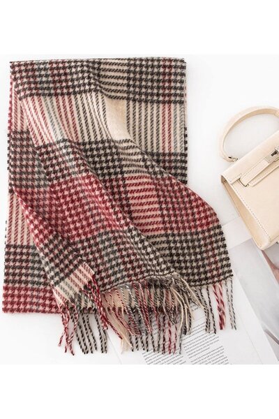 STARSTAR Women's wool scarf red/black houndstooth 160x30cm thick warm.